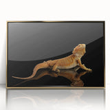 Framed acrylic wall art showcasing a vibrant lizard design, featuring gold accents and a sleek front view, perfect for reptile enthusiasts and modern decor.