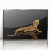 Framed wall art showcasing a vibrant reptile lizard design with a silver acrylic frame, perfect for enhancing modern interior decor and reptile enthusiasts' spaces.