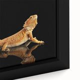 Close-up of a vibrant framed canvas wall art depicting a colorful lizard design, showcasing intricate details and textures, perfect for reptile enthusiasts and home decor.