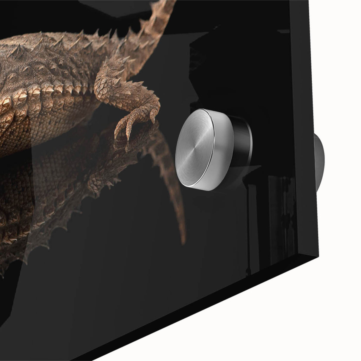 Close-up of a vibrant acrylic glass artwork featuring a detailed reptile and lizard design, showcasing intricate textures and bold colors, perfect for modern home decor.