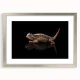 Framed wall art featuring a vibrant reptile lizard design in a silver frame, complete with a mat, ideal for enhancing modern decor in living spaces.