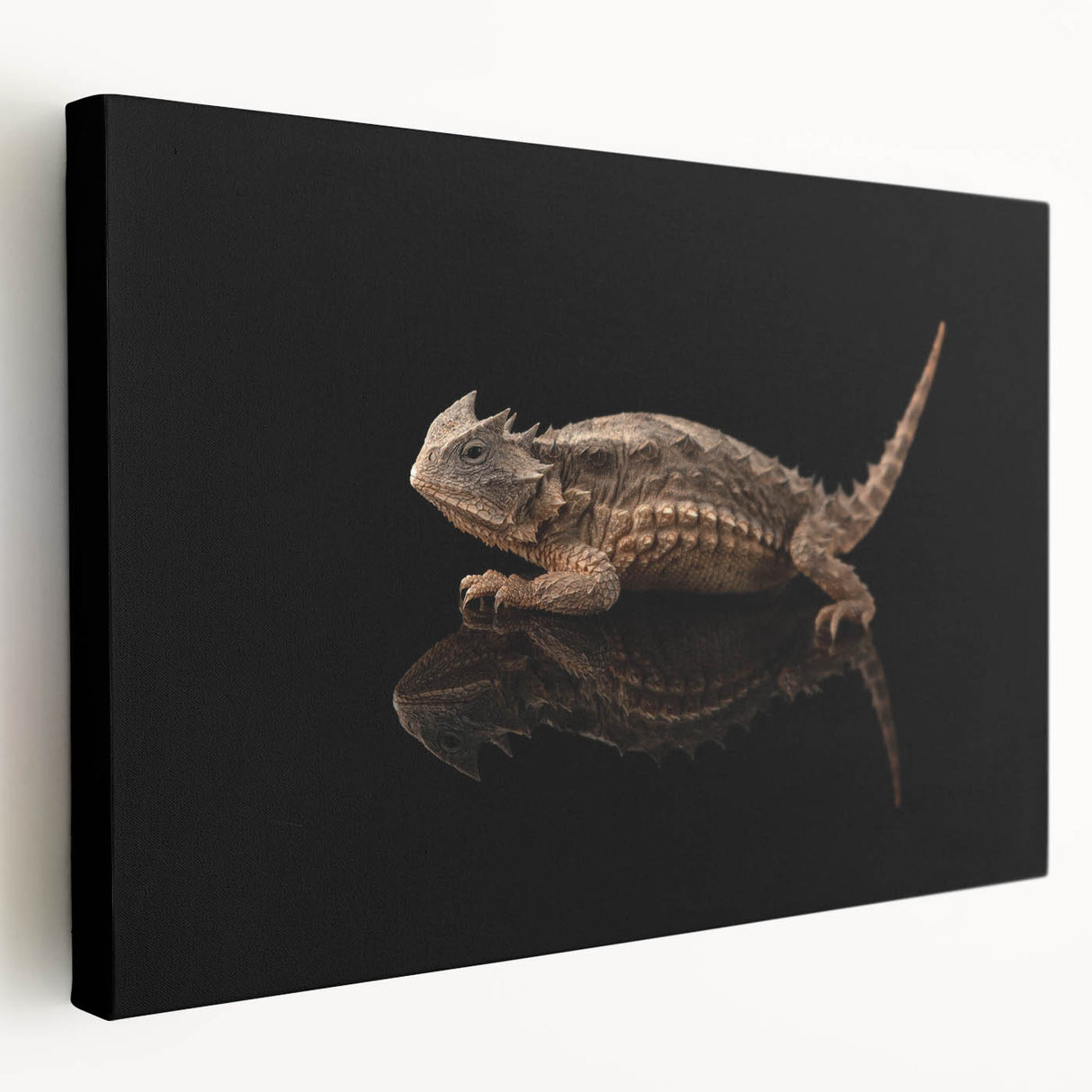Stretched canvas wall art featuring a vibrant and detailed lizard design, showcasing intricate scales and vivid colors, perfect for reptile enthusiasts and home decor.