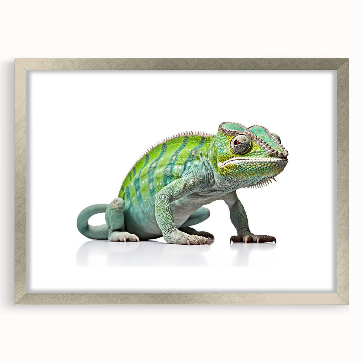 Framed wall art featuring a detailed lizard design in vibrant colors, encased in a sleek silver frame with a mat, perfect for reptile enthusiasts and nature lovers.
