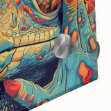 Close-up of a vibrant acrylic glass wall art piece featuring a detailed lizard design, showcasing rich colors and intricate textures, ideal for reptile enthusiasts.