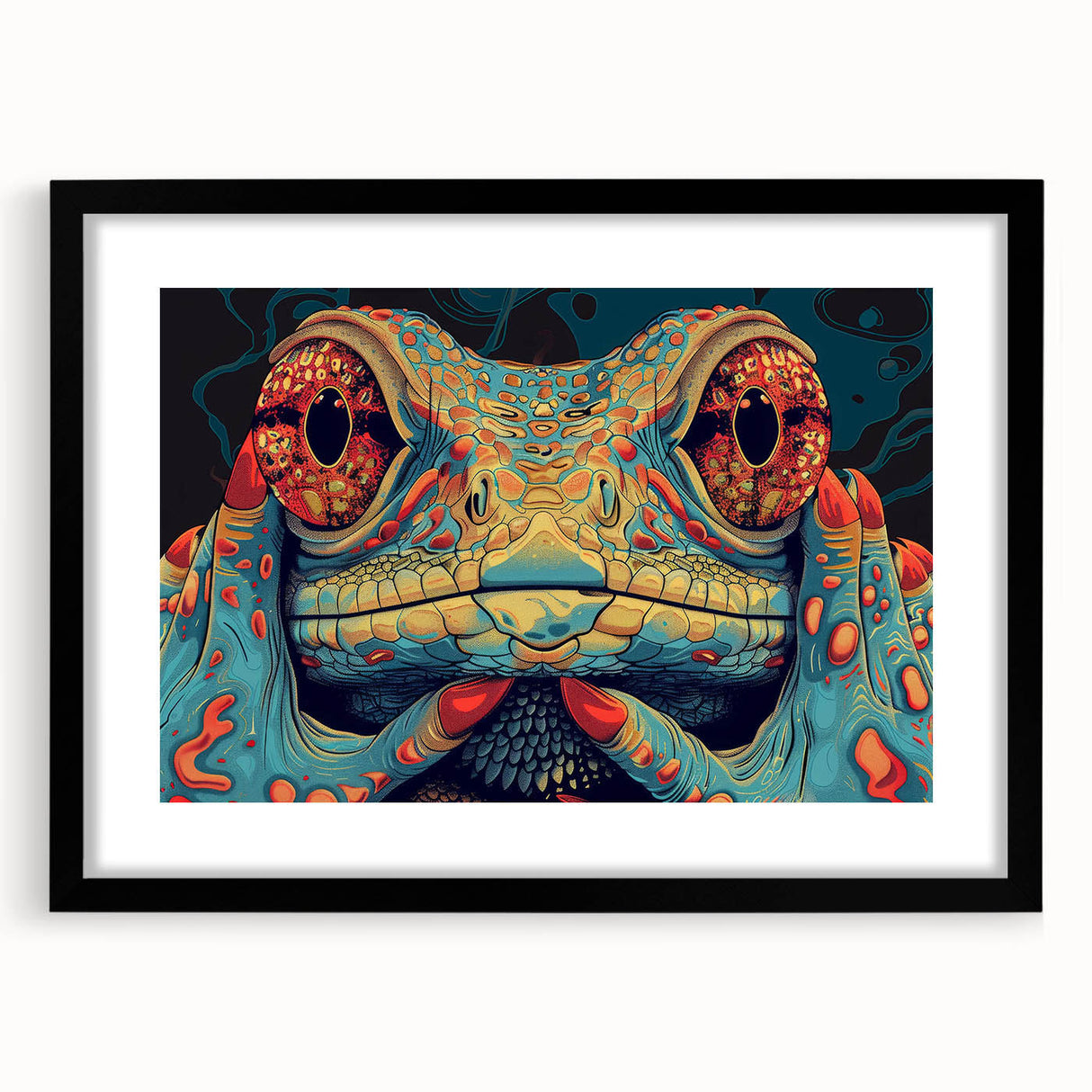 Framed wall art featuring a vibrant lizard design, set against a sleek black mat, ideal for reptile enthusiasts and modern decor. Perfect for enhancing living spaces or offices with a touch of nature-inspired art.