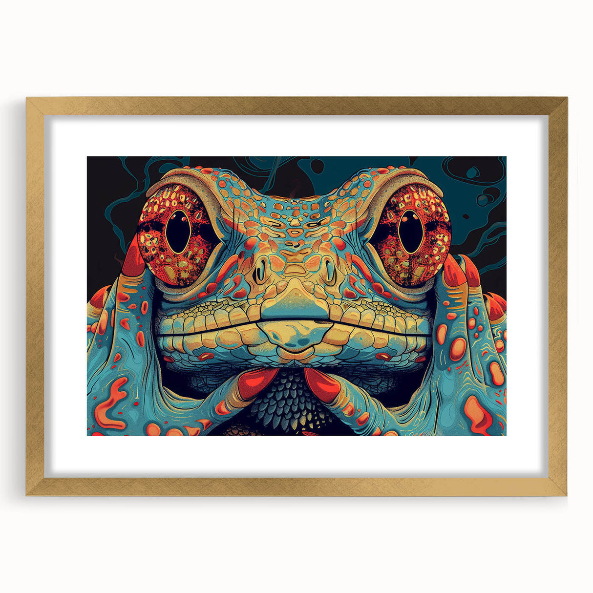 Framed wall art featuring a vibrant lizard design, showcasing intricate details and gold matting, ideal for reptile lovers and modern home decor enthusiasts.