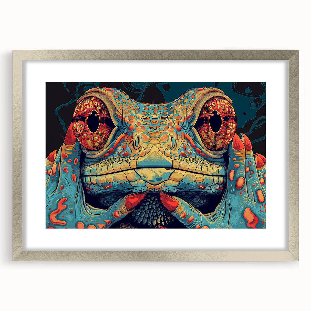 Framed wall art showcasing a vibrant reptile lizard design, with a sleek silver frame and matting, ideal for enhancing modern home decor or reptile-themed spaces.