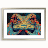 Framed wall art showcasing a vibrant reptile lizard design, with a sleek silver frame and matting, ideal for enhancing modern home decor or reptile-themed spaces.