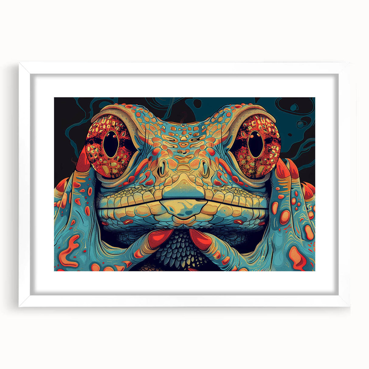Framed wall art featuring a vibrant reptile lizard design, set against a white mat and frame, perfect for adding a colorful touch to home decor.