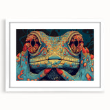 Framed wall art featuring a vibrant reptile lizard design, set against a white mat and frame, perfect for adding a colorful touch to home decor.
