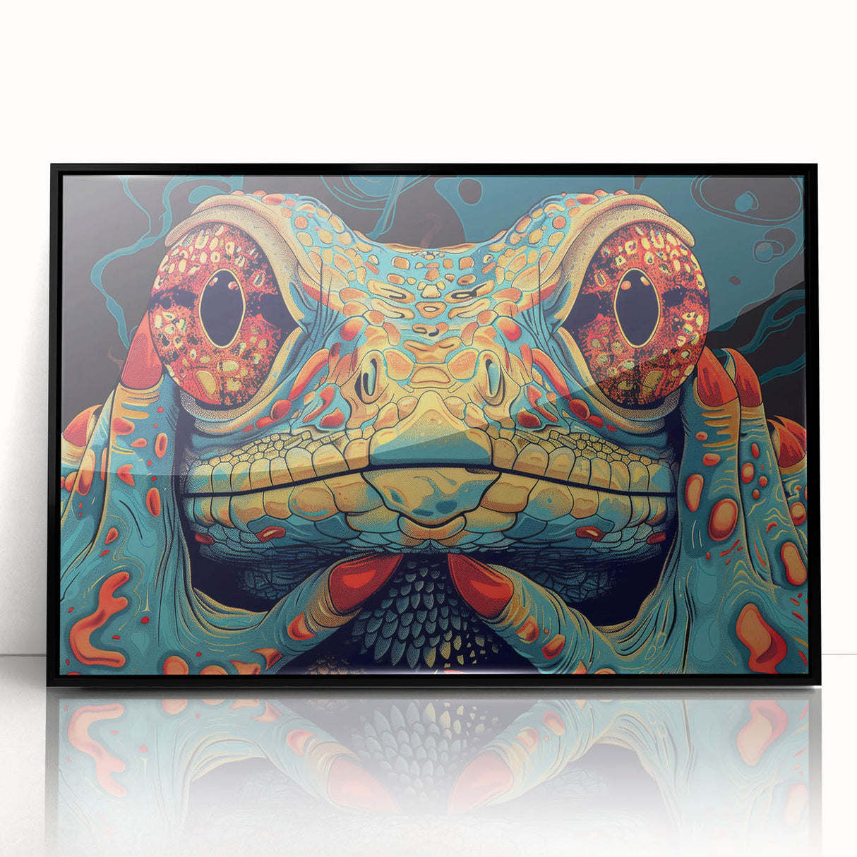 Framed acrylic wall art featuring a vibrant reptile lizard design in black, showcasing intricate details and colors, ideal for modern decor and animal enthusiasts.