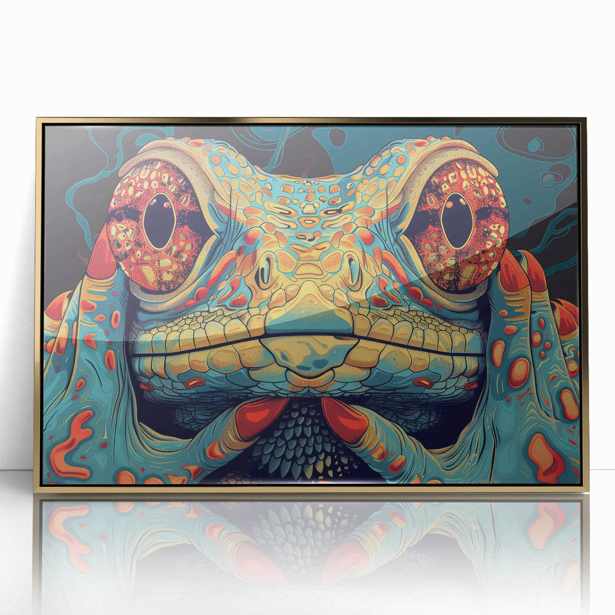 Framed wall art featuring a colorful reptile lizard design, showcasing intricate details and a gold-acrylic finish, perfect for nature-themed decor.