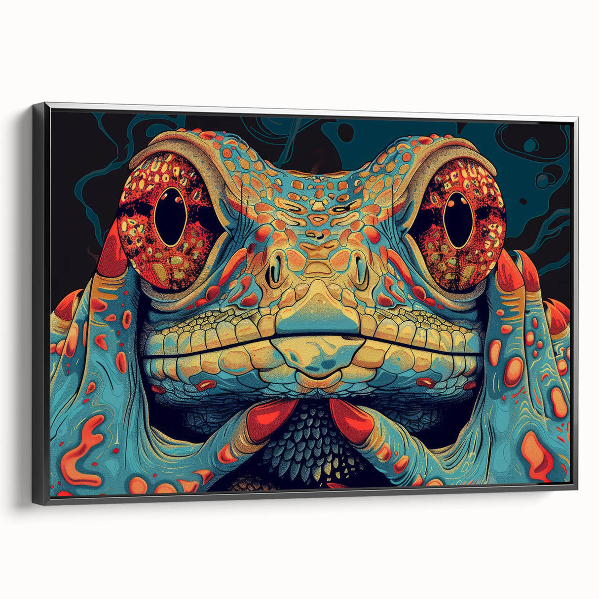 Framed canvas wall art showcasing a detailed reptile and lizard design, featuring vibrant colors and intricate patterns, perfect for nature-themed decor.