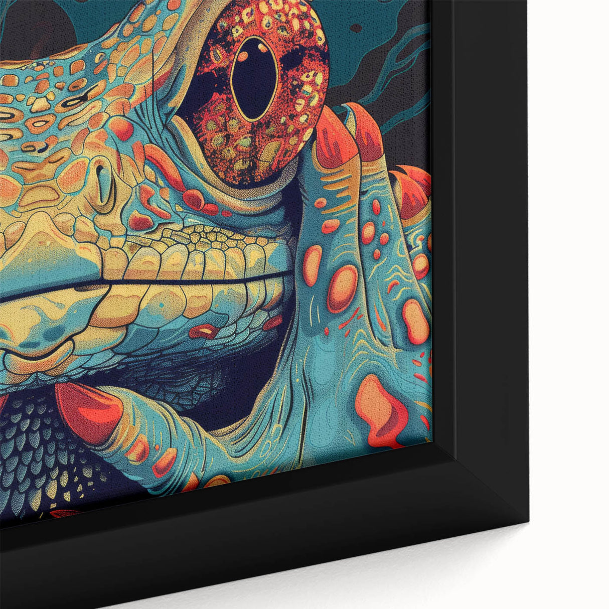 Close-up of a framed canvas wall art featuring a vibrant green lizard design, showcasing intricate details and textures, perfect for reptile enthusiasts and home decor.
