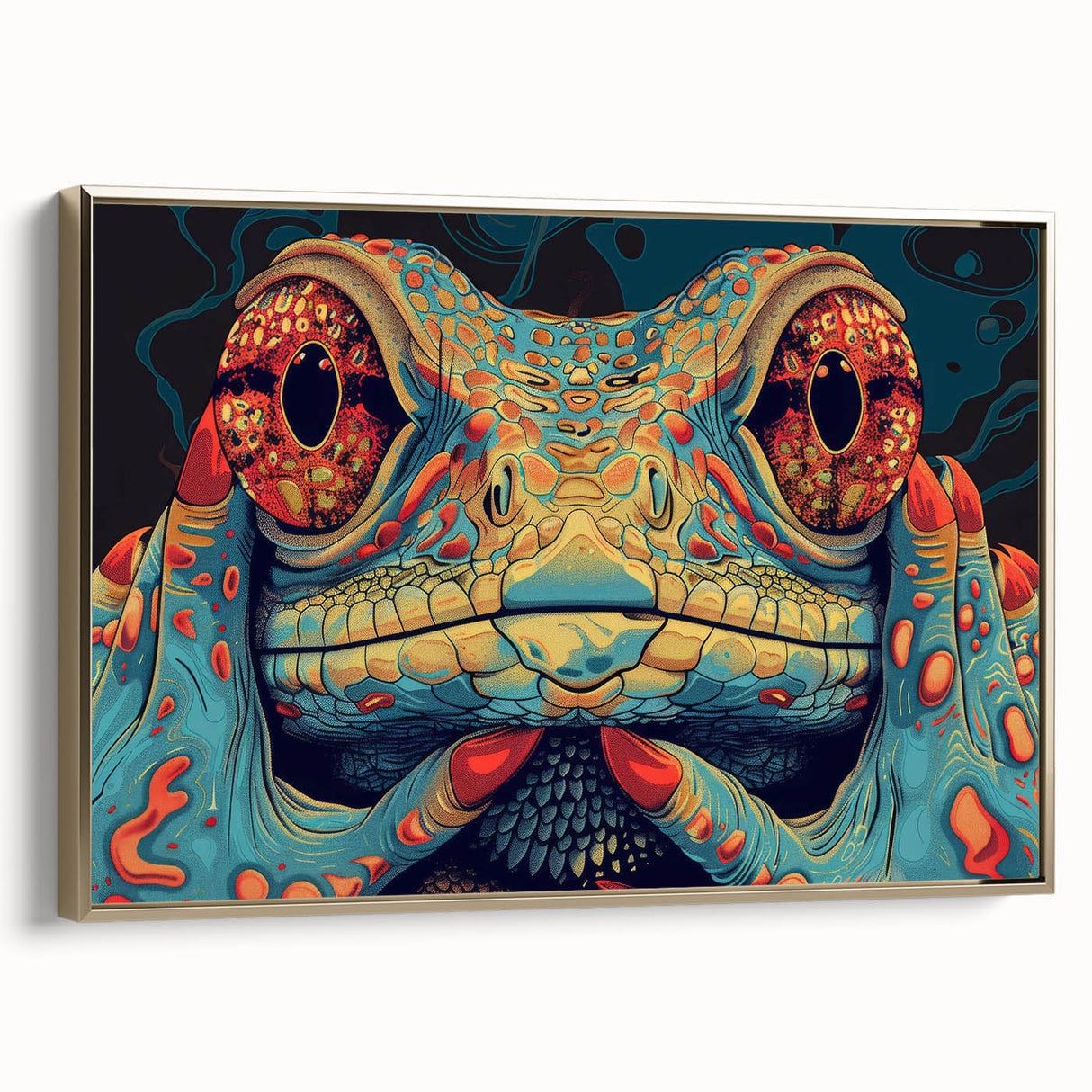 Framed canvas wall art featuring a vibrant reptile and lizard design in gold tones, showcasing intricate details and a modern aesthetic, perfect for decor enthusiasts.