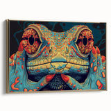 Framed canvas wall art featuring a vibrant reptile and lizard design in gold tones, showcasing intricate details and a modern aesthetic, perfect for decor enthusiasts.
