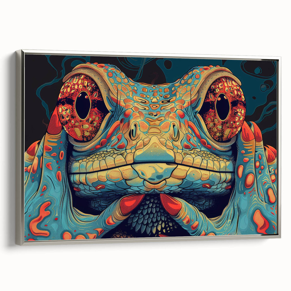 Framed wall art featuring a vibrant lizard design, showcasing intricate details and a sleek silver frame, perfect for adding a modern touch to any reptile-themed decor.