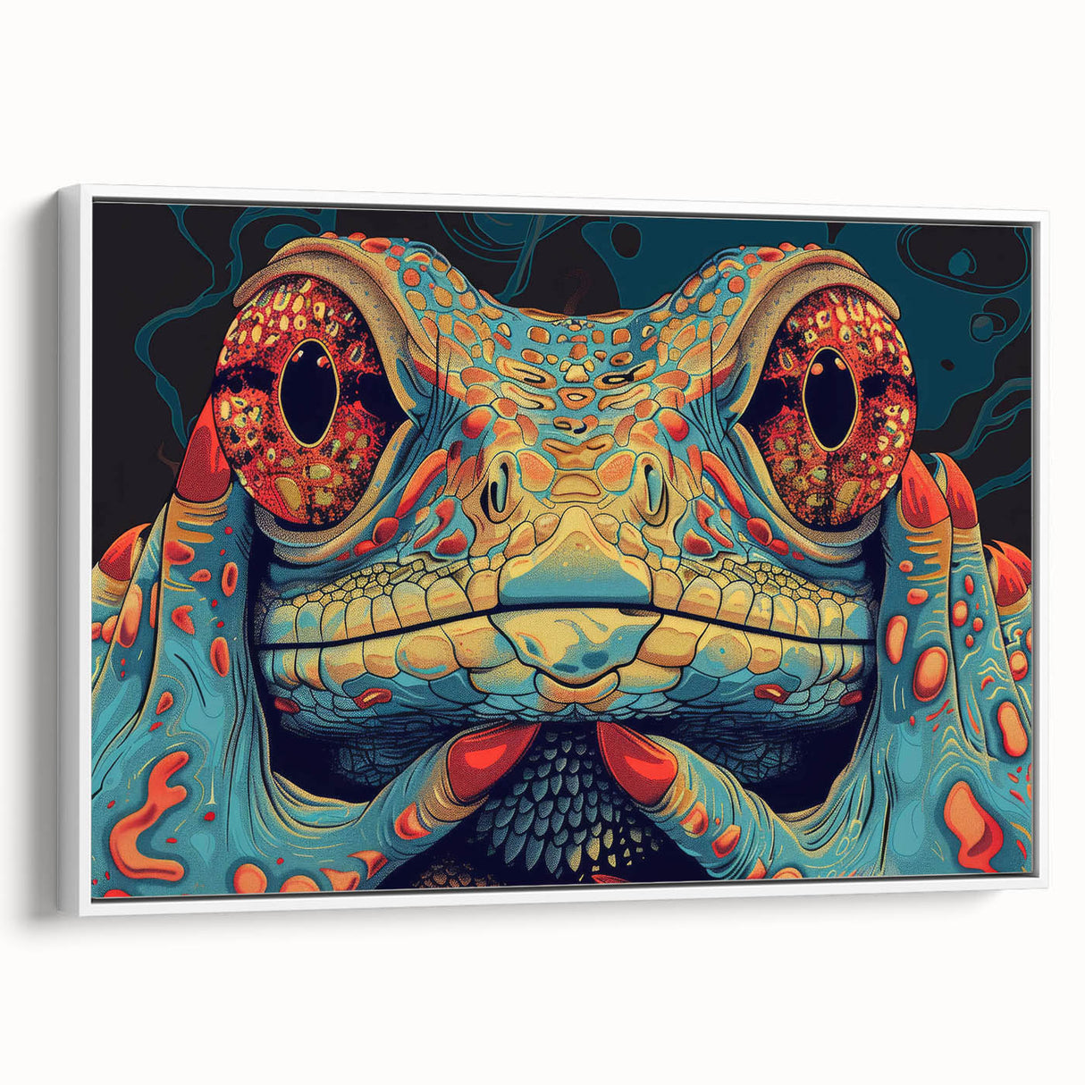 Framed canvas wall art showcasing a vibrant reptile lizard design, featuring intricate details and a sleek white frame, perfect for enhancing modern home decor.