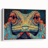 Framed canvas wall art showcasing a vibrant reptile lizard design, featuring intricate details and a sleek white frame, perfect for enhancing modern home decor.