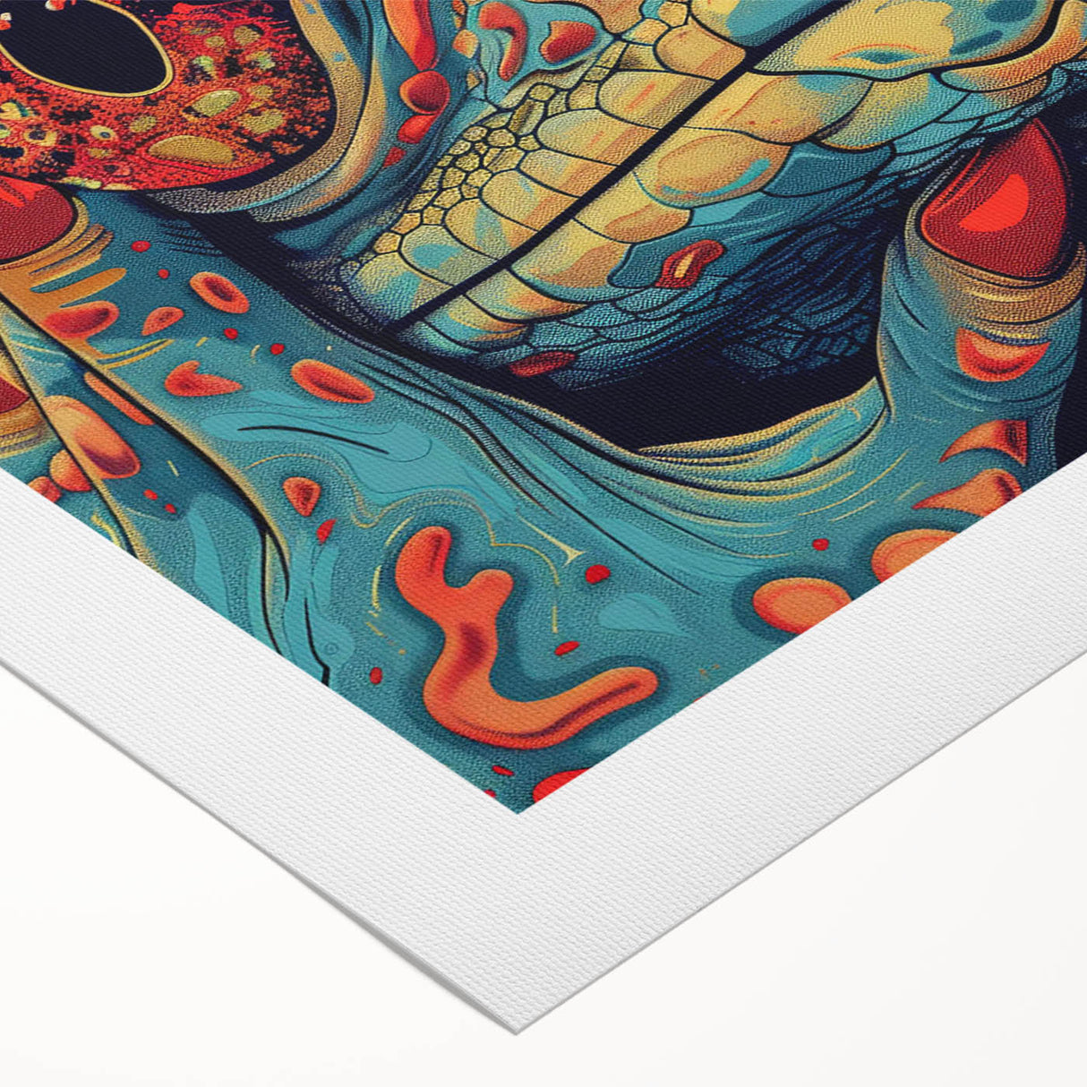 Colorful rolled canvas wall art showcasing a detailed lizard design, ideal for reptile enthusiasts, packaged securely in a cardboard tube for delivery.
