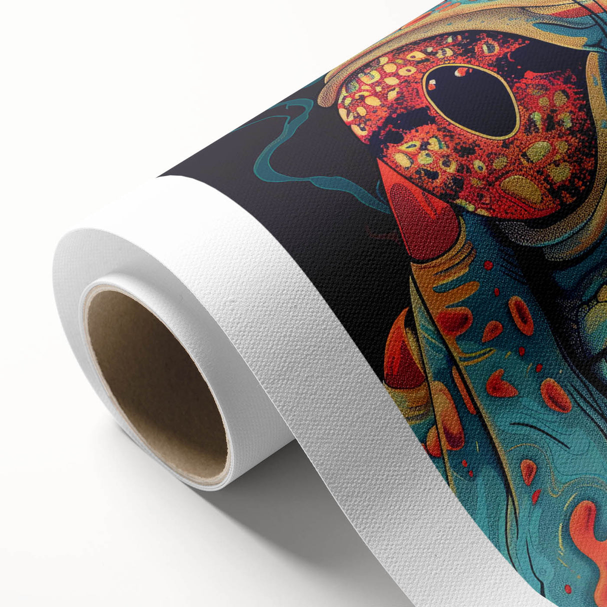 Vibrant rolled canvas featuring a detailed reptile and lizard design, perfect for nature-inspired wall decor, presented in a protective cardboard tube.
