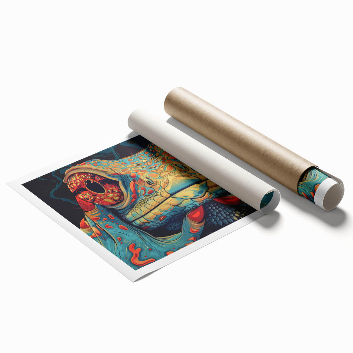 Vibrant rolled wall art print showcasing a detailed illustration of a reptile lizard design, perfect for adding a unique touch to home decor. The artwork features rich colors and intricate patterns, ideal for reptile enthusiasts and nature lovers.