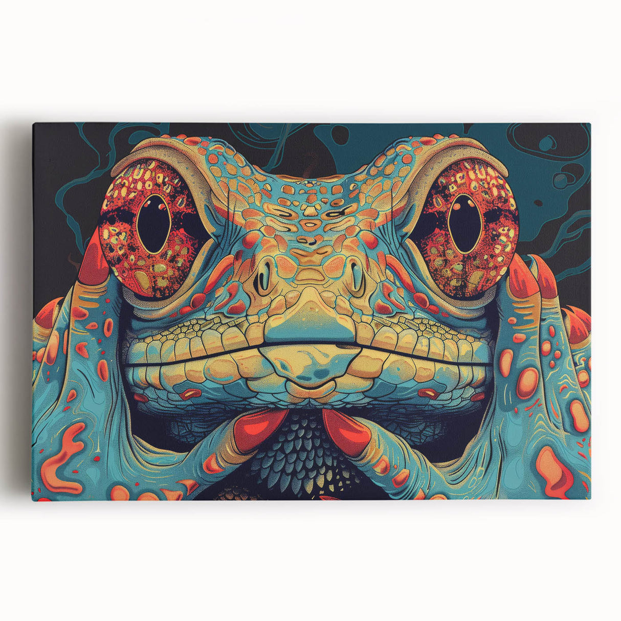 Vibrant wall art featuring a detailed lizard design on stretched canvas, showcasing rich colors and intricate patterns, perfect for reptile enthusiasts and home decor.