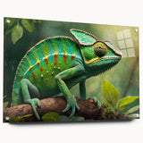 Acrylic glass wall art featuring a vibrant reptile lizard design, showcasing intricate details and colors. Ideal for nature enthusiasts and modern decor. Perfectly displayed with pins for easy mounting.
