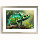 Framed wall art featuring a vibrant lizard design in shades of green and brown, set in a sleek silver frame with a white mat, perfect for reptile enthusiasts.