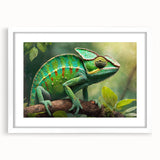 Framed wall art featuring a vibrant reptile and lizard design, set against a white mat, perfect for enhancing modern home decor. Ideal for nature lovers.