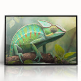 Framed wall art featuring a vibrant lizard design on acrylic, showcasing intricate details and bold colors, perfect for reptile enthusiasts and modern decor.