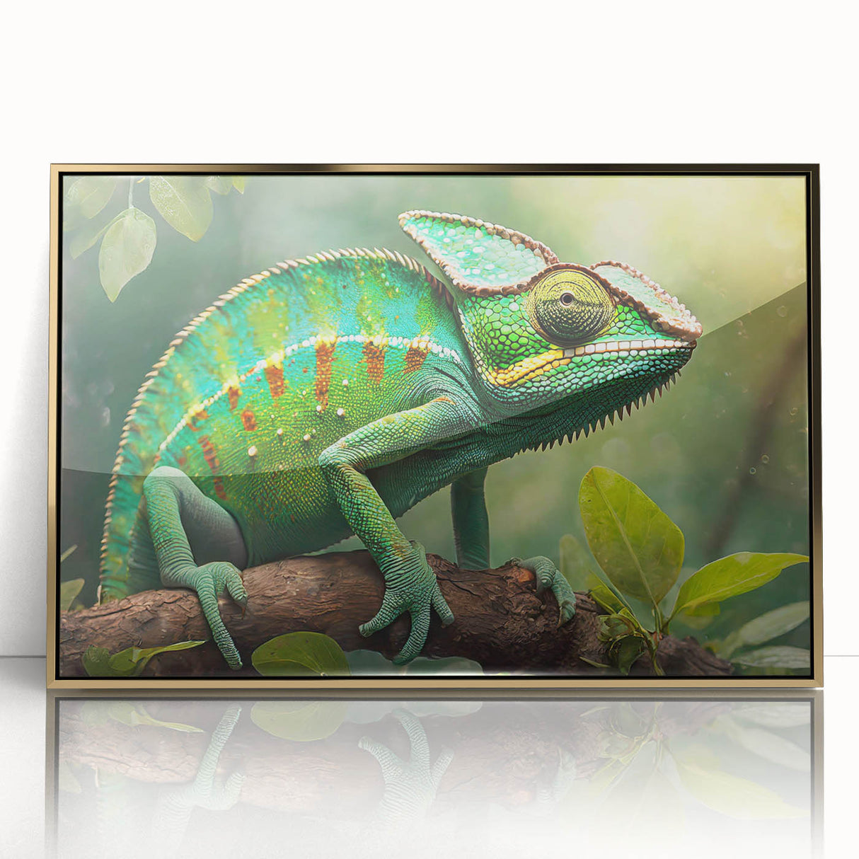 Framed acrylic wall art featuring a vibrant lizard design in gold, showcasing intricate details and vivid colors, perfect for reptile enthusiasts and home decor.