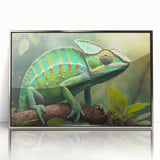 Framed acrylic wall art featuring a vibrant reptile lizard design in silver, showcasing intricate details and colors, perfect for modern home decor.