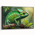 Framed wall art featuring a striking lizard design on a textured canvas, showcasing vibrant colors against a sleek black frame, perfect for reptile enthusiasts and modern decor.