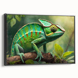 Framed wall art featuring a striking lizard design on a textured canvas, showcasing vibrant colors against a sleek black frame, perfect for reptile enthusiasts and modern decor.