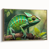 Framed wall art showcasing a detailed lizard design with vibrant colors on canvas, featuring a sleek gold frame, perfect for reptile enthusiasts and home decor.