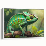 Framed wall art featuring a stylish lizard design on canvas, showcasing vibrant colors against a white background, ideal for reptile enthusiasts and modern decor.