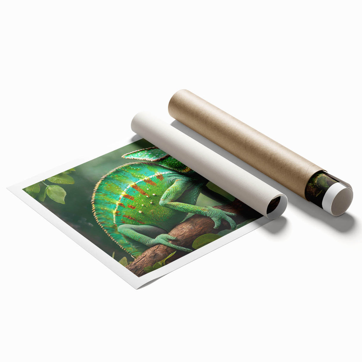 Vibrant wall art print featuring a colorful reptile and lizard design, ideal for home decor or nature-themed spaces, rolled and ready for framing.