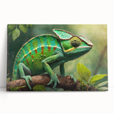 Colorful stretched canvas wall art featuring a vibrant lizard design, perfect for reptile enthusiasts, displayed leaning against a neutral wall background. Ideal for home decor or wildlife-inspired interiors.