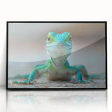Framed wall art featuring a vibrant lizard design, presented in a sleek black frame with acrylic front, perfect for reptile enthusiasts and modern decor.