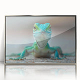 Framed acrylic wall art depicting a vibrant reptile lizard design, showcasing intricate details and a sleek silver frame, ideal for nature-themed decor.