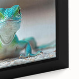 Close-up of a framed canvas wall art featuring a vibrant, detailed lizard design, showcasing rich colors and intricate textures, perfect for reptile enthusiasts’ home decor.