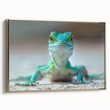 Framed wall art showcasing a vibrant reptile lizard design on textured canvas, featuring gold accents, perfect for enhancing modern home decor.