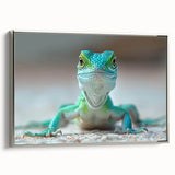 Framed wall art showcasing a detailed reptile lizard design on canvas, with a sleek silver frame, ideal for enhancing modern decor in living spaces.