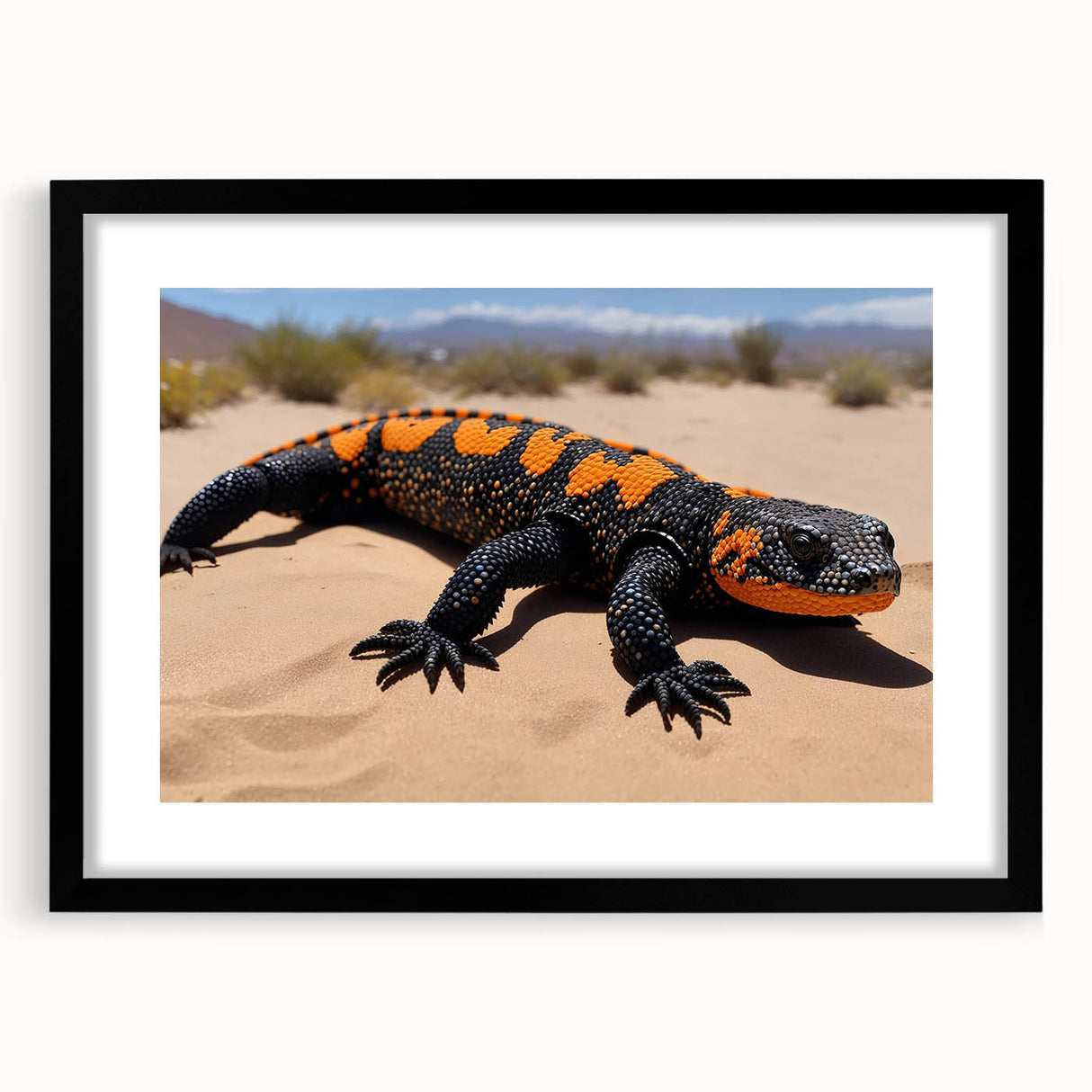 Framed black wall art showcasing a vibrant reptile lizard design, perfect for adding a unique touch to contemporary home decor. Ideal for reptile enthusiasts.