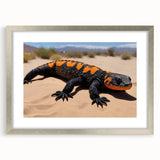 Framed wall art featuring a vibrant reptile lizard design, with a sleek silver frame and mat, ideal for enhancing modern home decor or reptile-themed spaces.
