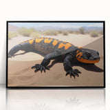 Framed wall art featuring a vibrant lizard design against a black background, showcasing intricate details and colors, perfect for reptile enthusiasts and modern decor. This striking piece adds a unique touch to any room, combining artistic flair with a passion for wildlife.