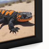 Close-up of a framed canvas wall art featuring a vibrant lizard design, showcasing intricate details and rich colors, perfect for reptile enthusiasts and home decor.