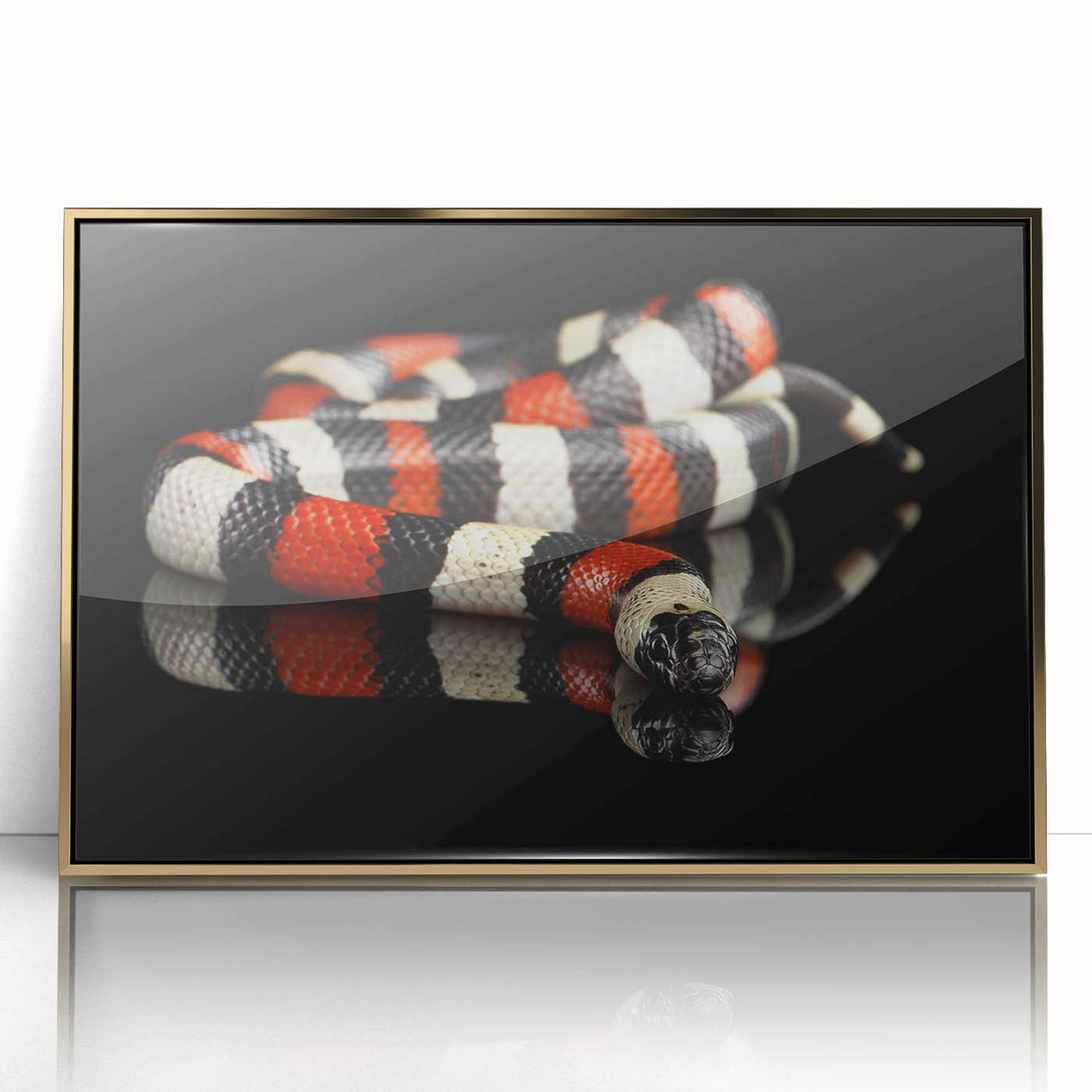 Framed wall art featuring a striking snake design in gold and black acrylic, showcasing intricate details and a modern aesthetic, perfect for reptile enthusiasts.