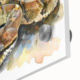 Close-up of a vibrant acrylic glass wall art piece showcasing a detailed reptile snake design, perfect for adding a bold touch to modern home decor.